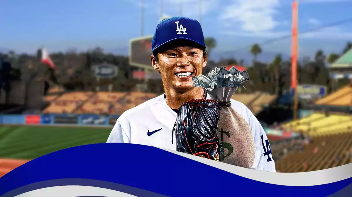 Dodgers' Yoshinobu Yamamoto holding bags a dollar sign on them, Dodger Stadium as background