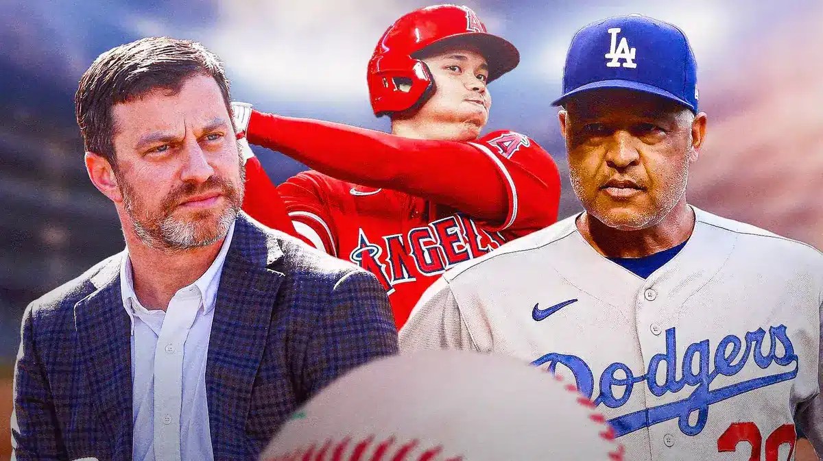Dodgers' Andrew Friedman, Dodgers' Dave Roberts in front. Shohei Ohtani swinging a baseball bat in background.