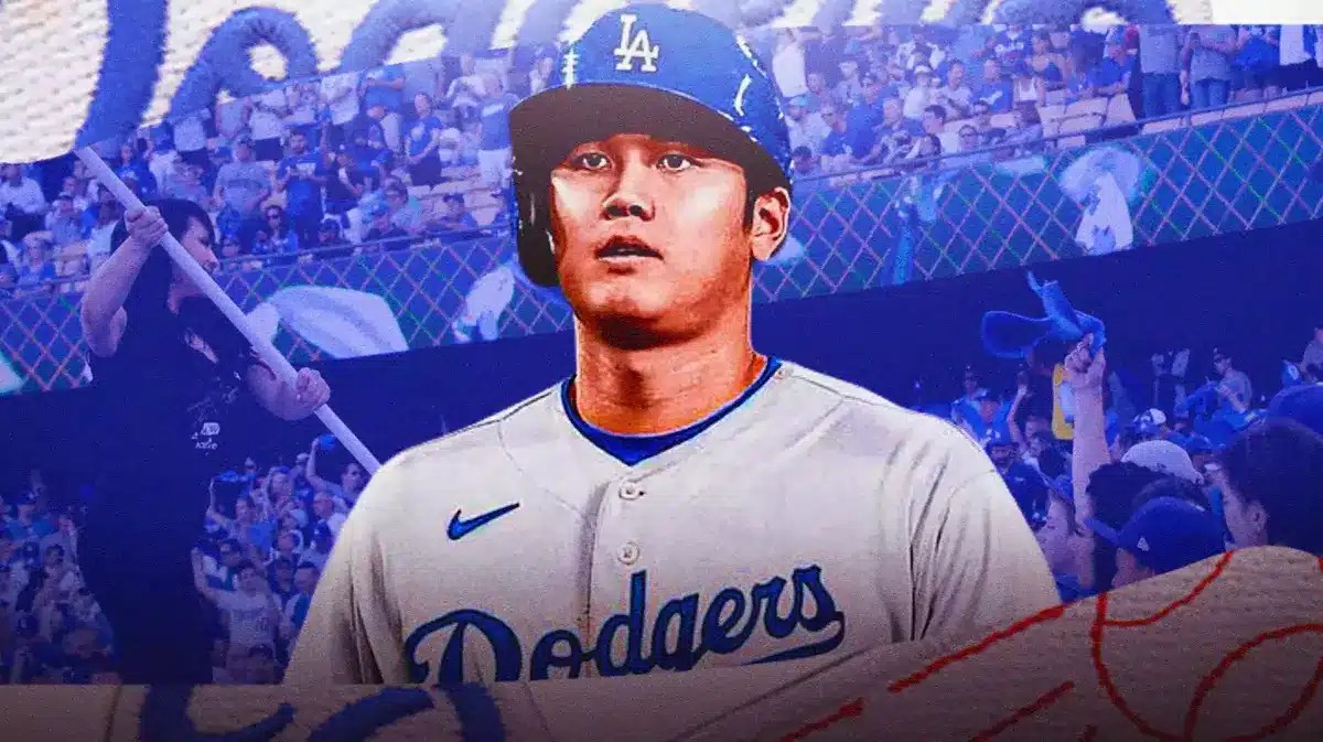Los Angeles Dodgers' Shohei Ohtani and a crowd of fans wearing Dodgers apparel and cheering/looking happy.