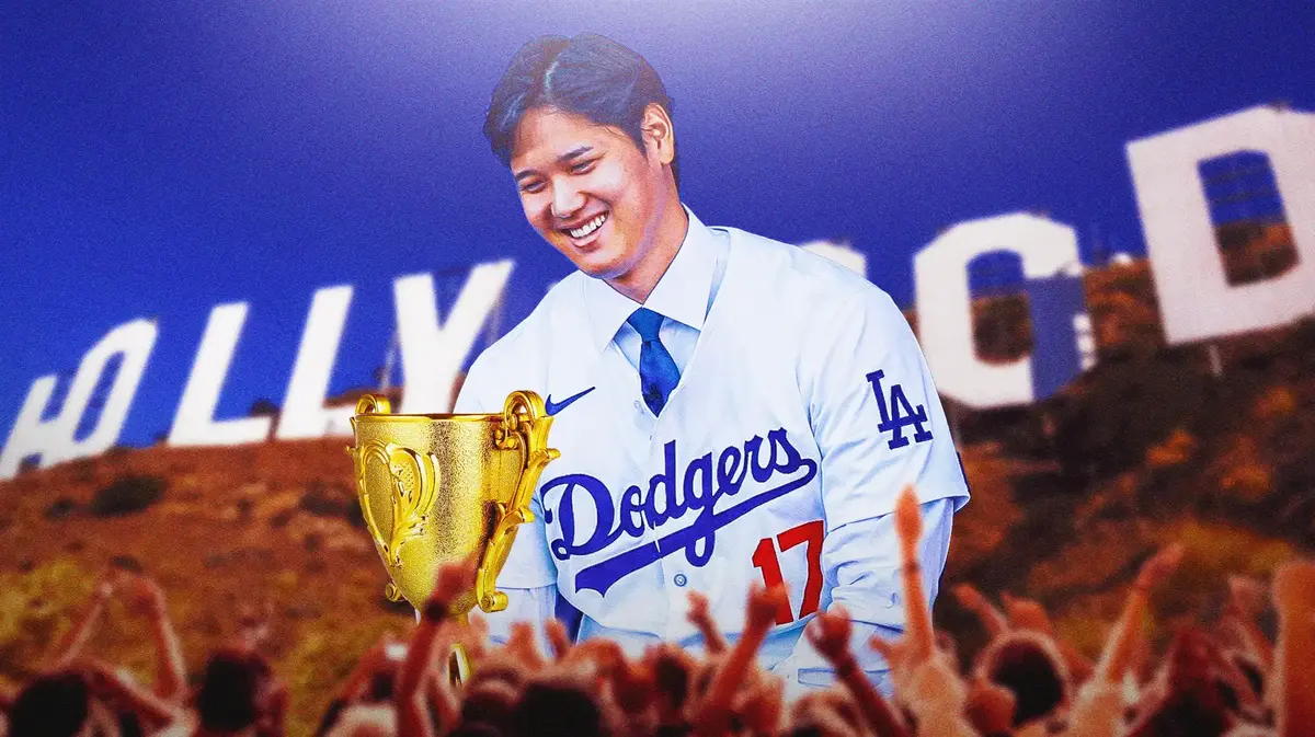 Dodgers' Shohei Ohtani standing in front of the Hollywood sign and holding a trophy.