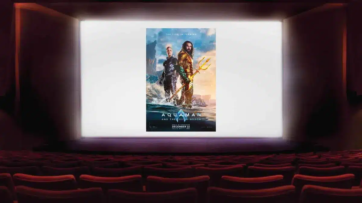 Aquaman 2 (aka Aquaman and the Lost Kingdom) poster on a movie theater screen.