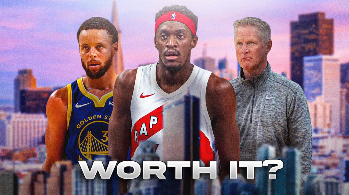 Pascal Siakam in the middle, Steph Curry and coach Steve Kerr all around him, and San Francisco skyline in the background