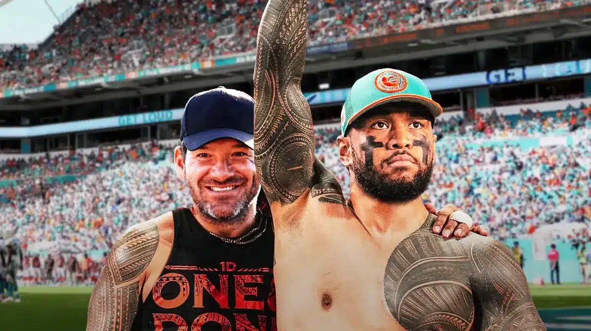 Tua Tagovailoa (Dolphins) as the wrestler in front and Tony Romo as the guy behind