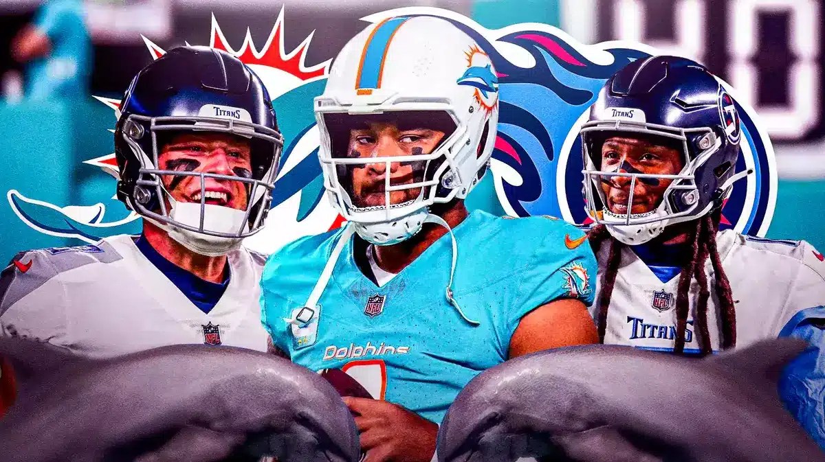 Tua Tagovailoa in middle of image looking stern, Will Levis and DeAndre Hopkins on either side looking happy, Dolphins and Titans logos, football field in background