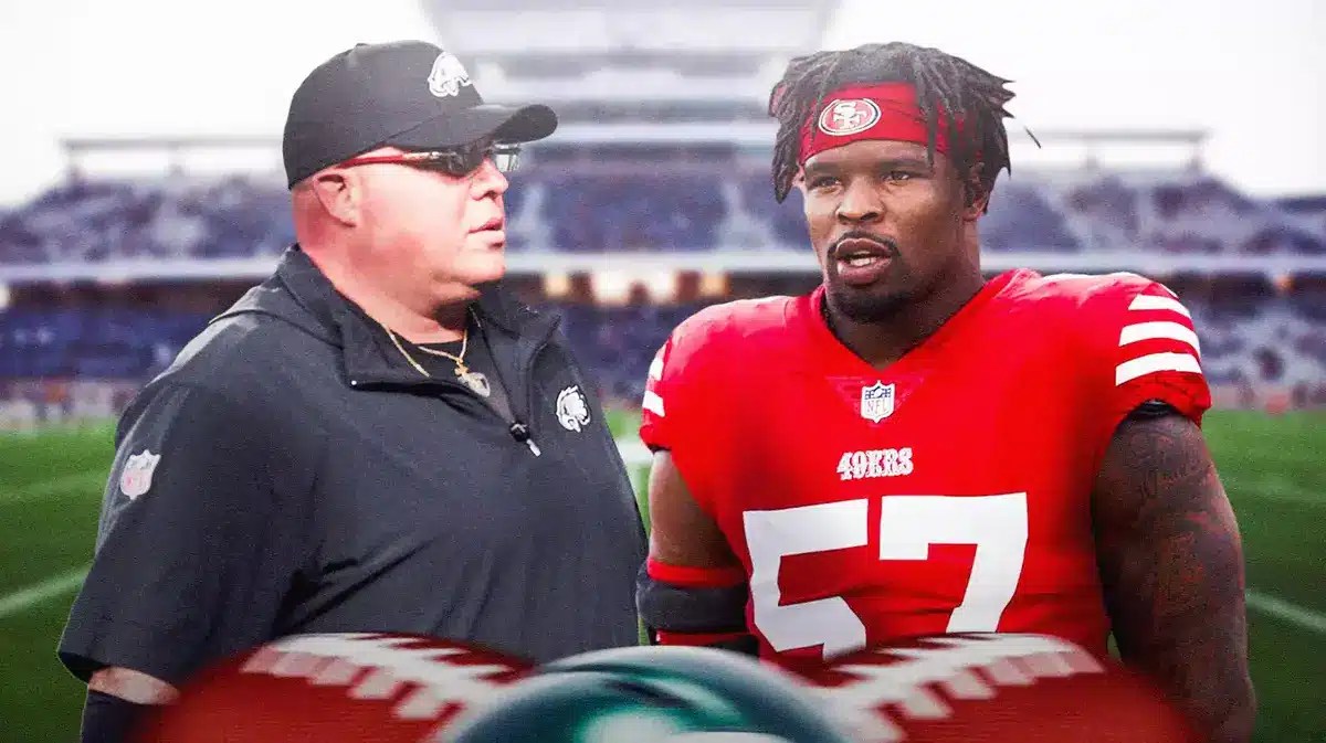 Eagles head of security Dom DiSandro and 49ers linebacker Dre Greenlaw