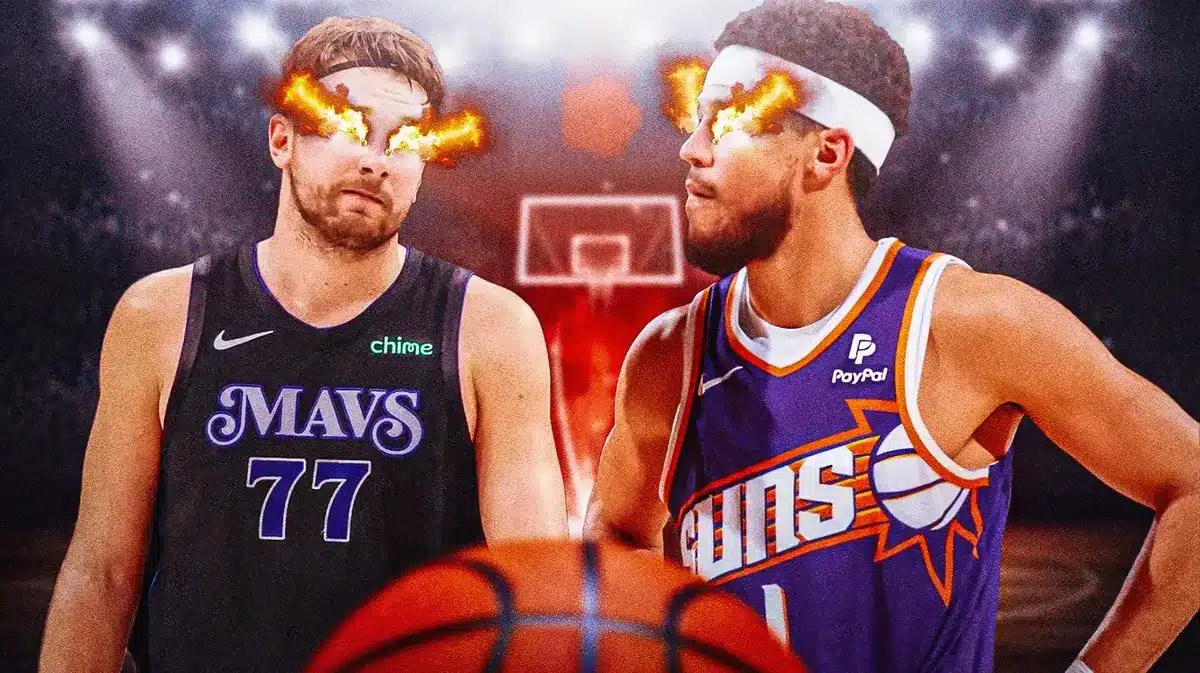 Mavs' Luka Doncic, Suns' Devin Booker with fire in their eyes looking at each other.