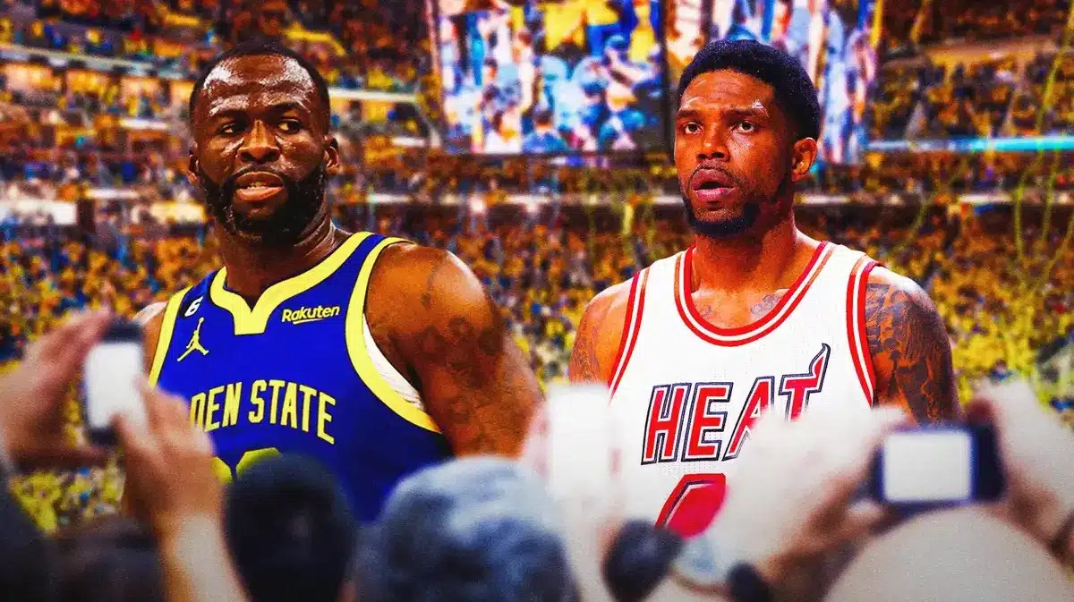 Golden State Warriors star Draymond Green next to Udonis Haslem in front of the Chase Center.