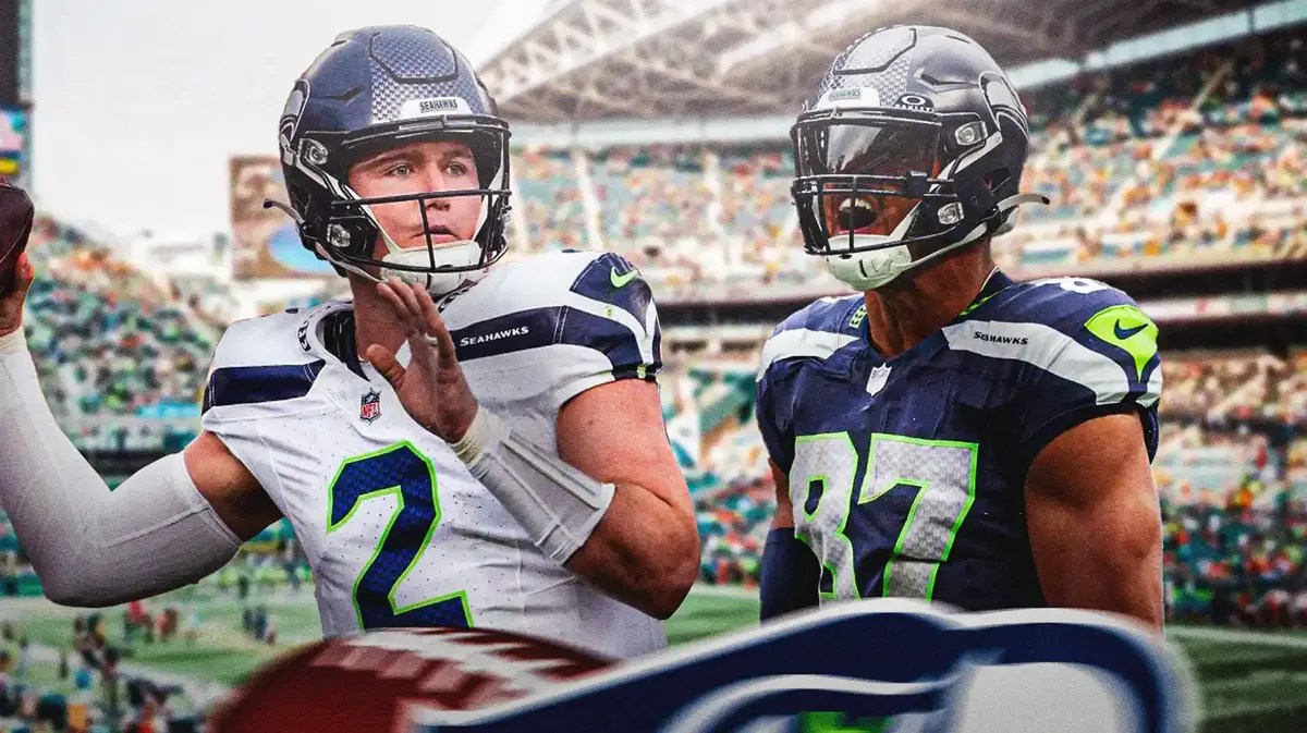 Drew Lock next to Noah Fant (Seahawks)