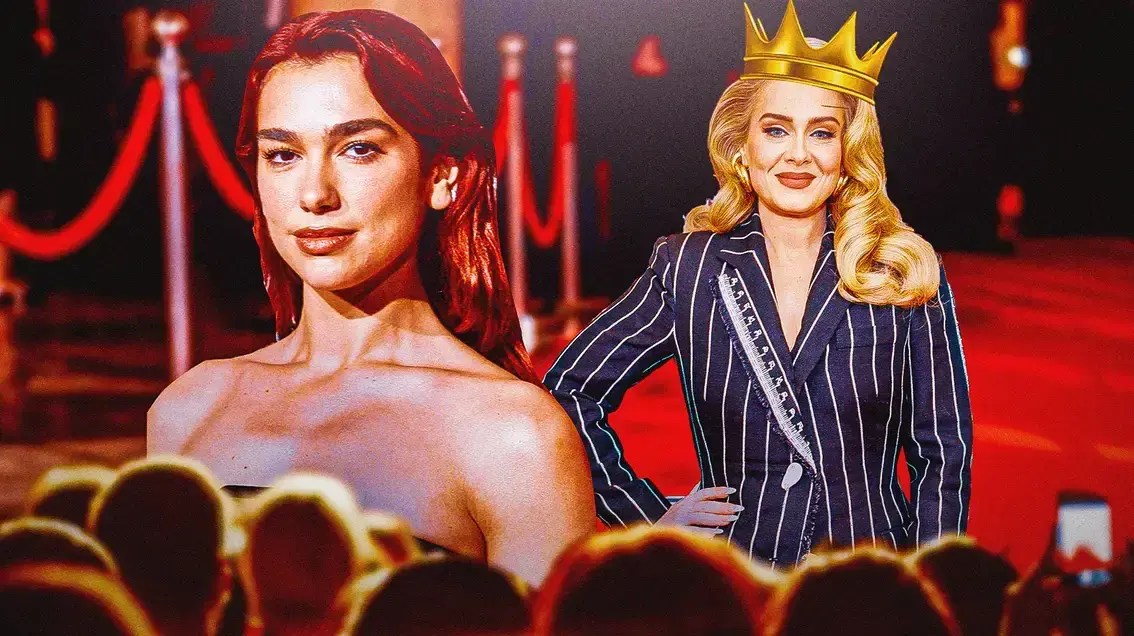 Dua Lipa with Adele who is wearing a crown.