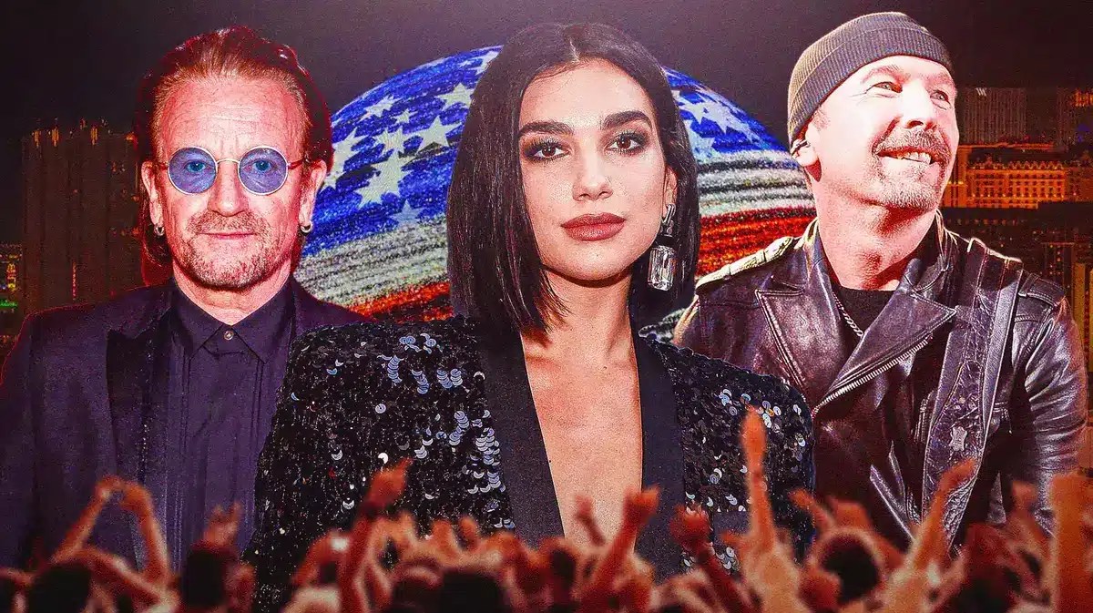 U2 members Bono and The Edge with Dua Lipa between them and Sphere background.