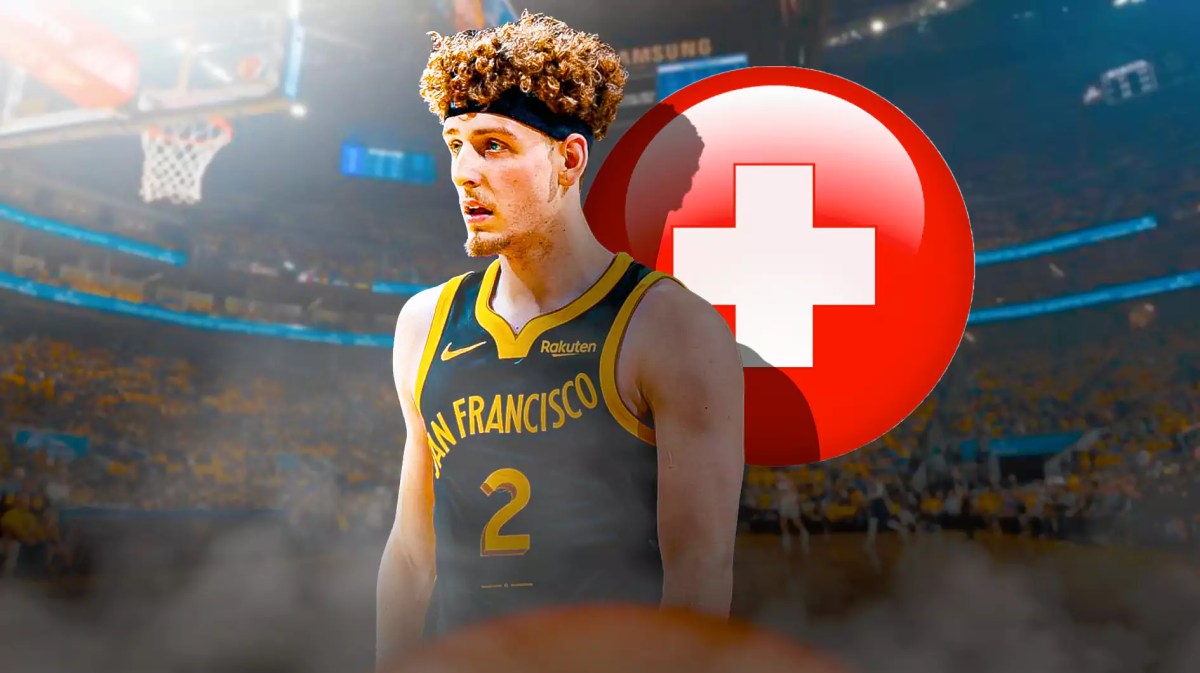 Brandin Podziemski with the Warriors logo in the background, also include an injury/medial red cross