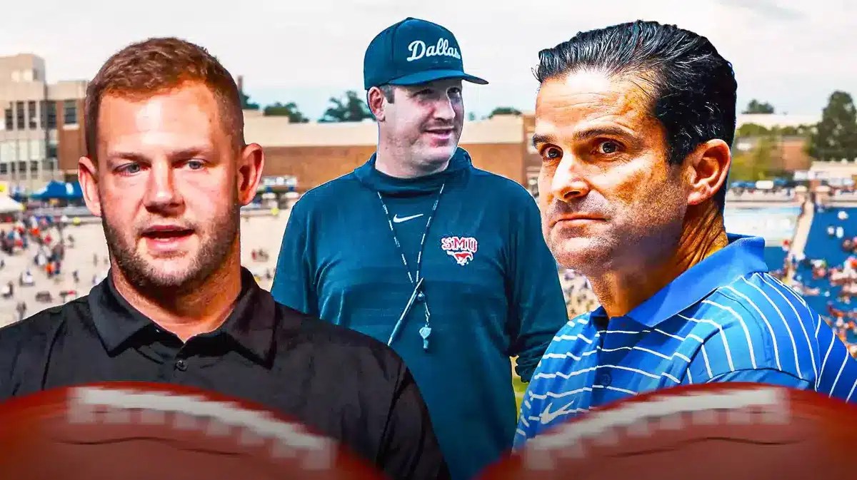 Duke football coaching staff Manny Diaz and Jonathan Brewer with Jonathan Patke of Texas State