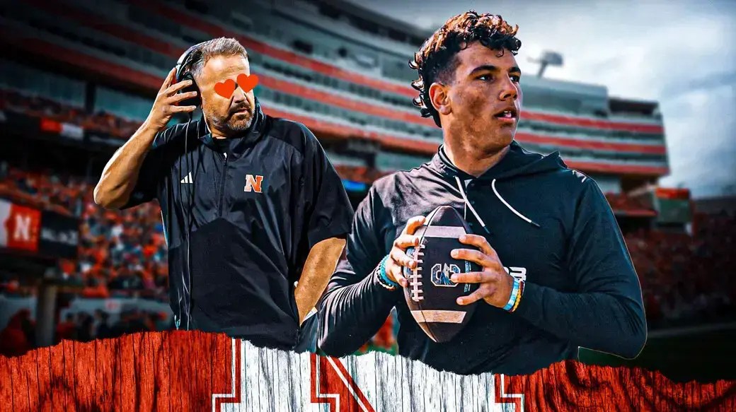 Matt Rhule with heart eyes looking at Dylan Raiola