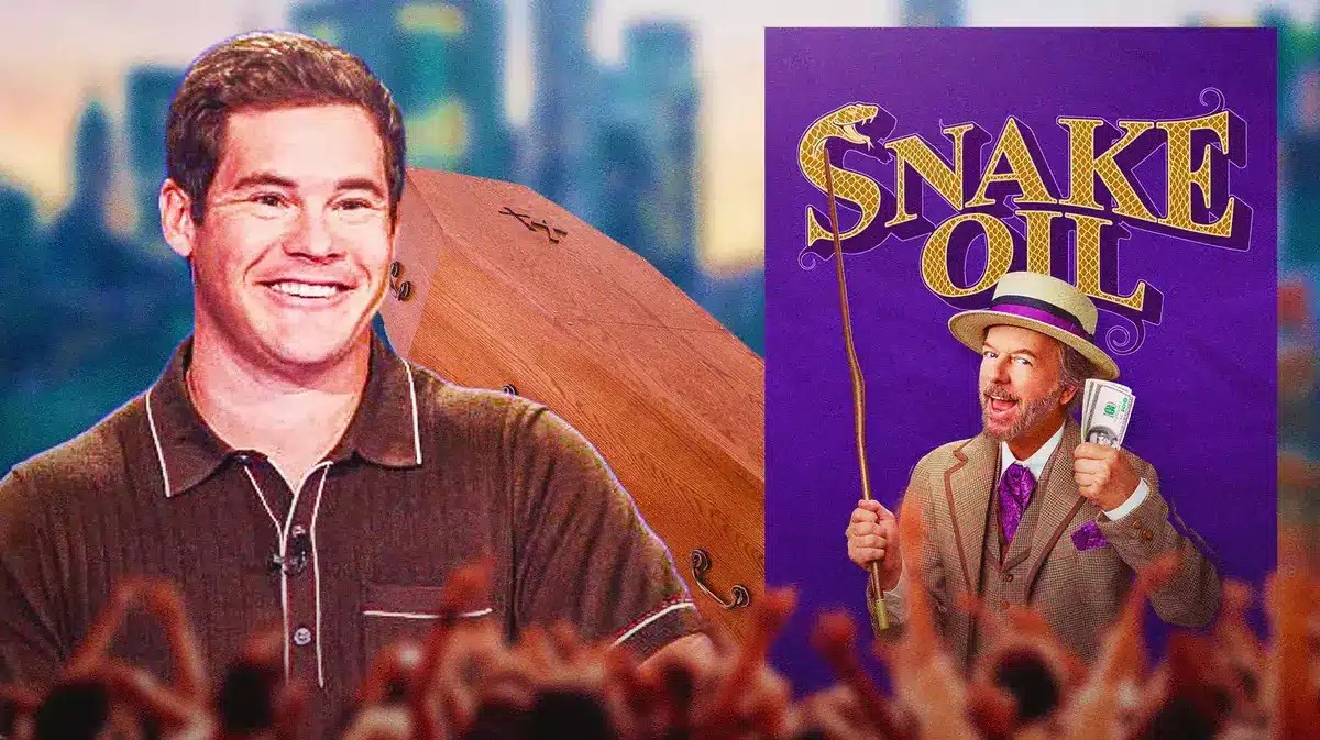 Adam DeVine next to Snake Oil poster with David Spade.