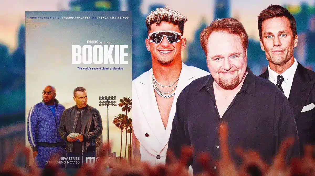 Bookie poster next to Patrick Mahomes, Nick Bakay, and Tom Brady.