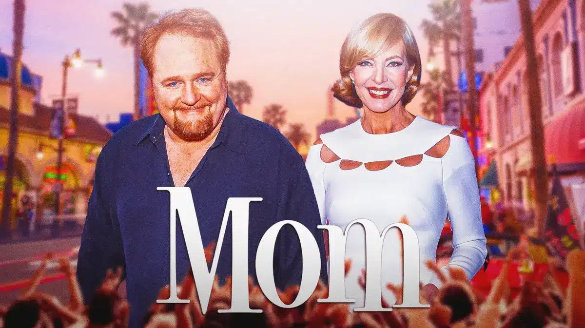 Nick Bakay and Allison Janney in front of Mom logo.