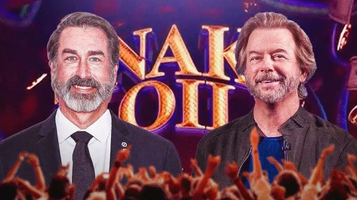 Rob Riggle and David Spade in front of Snake Oil clip.