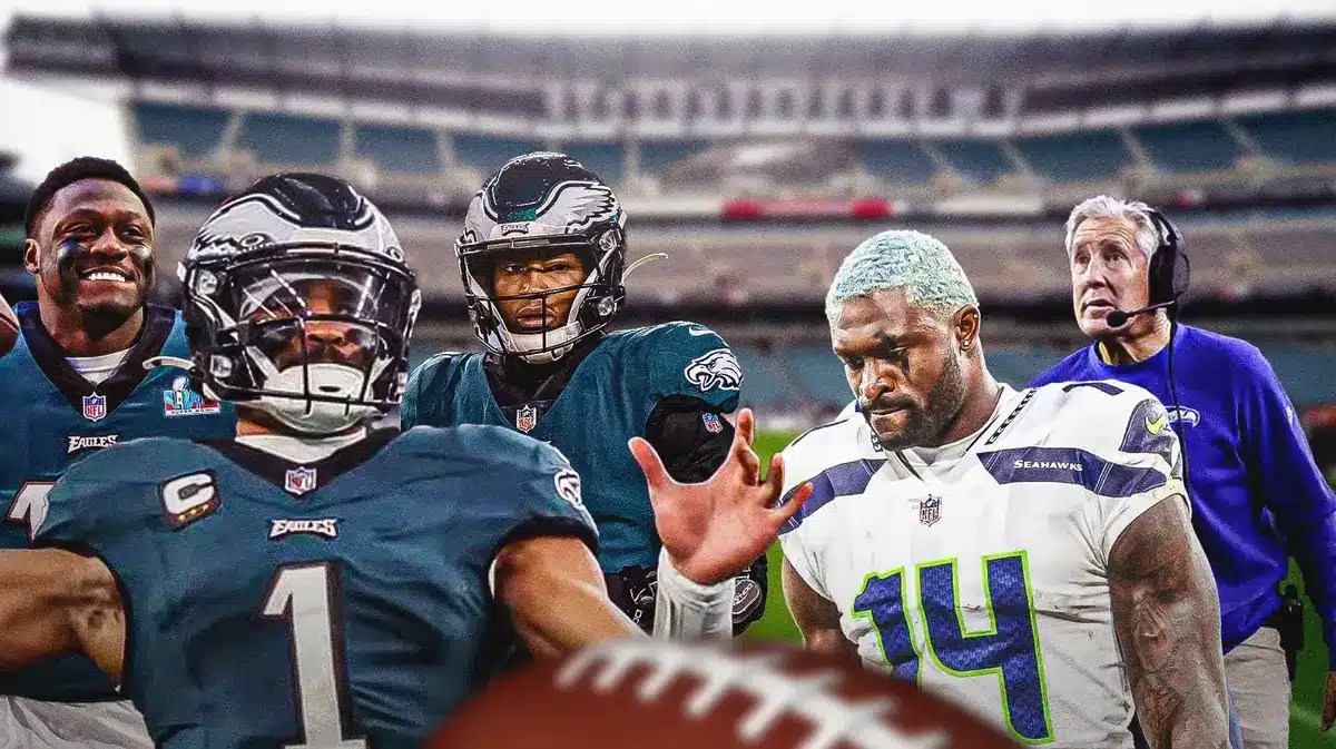 Photo: Jalen Hurts in action in Eagles jersey with AJ Brown and DeVonta Smith beside him, DK Metcalf, Pete Carroll in background