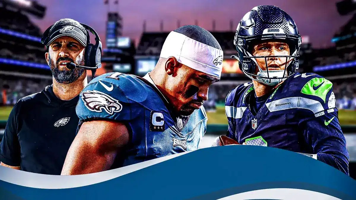 Eagles' Nick Sirianni looking serious, with Jalen Hurts looking sad and Seahawks' Drew Lock hyped up