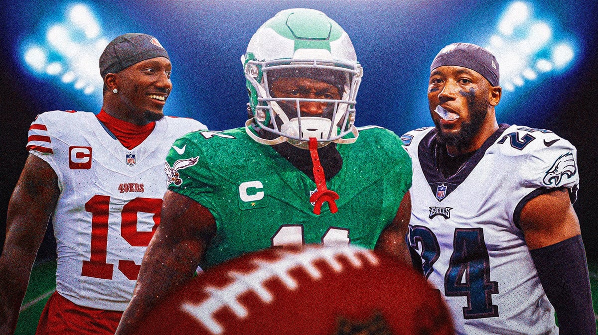Eagles stars A.J. Brown, James Bradberry, and San Francisco 49ers receiver Deebo Samuel.