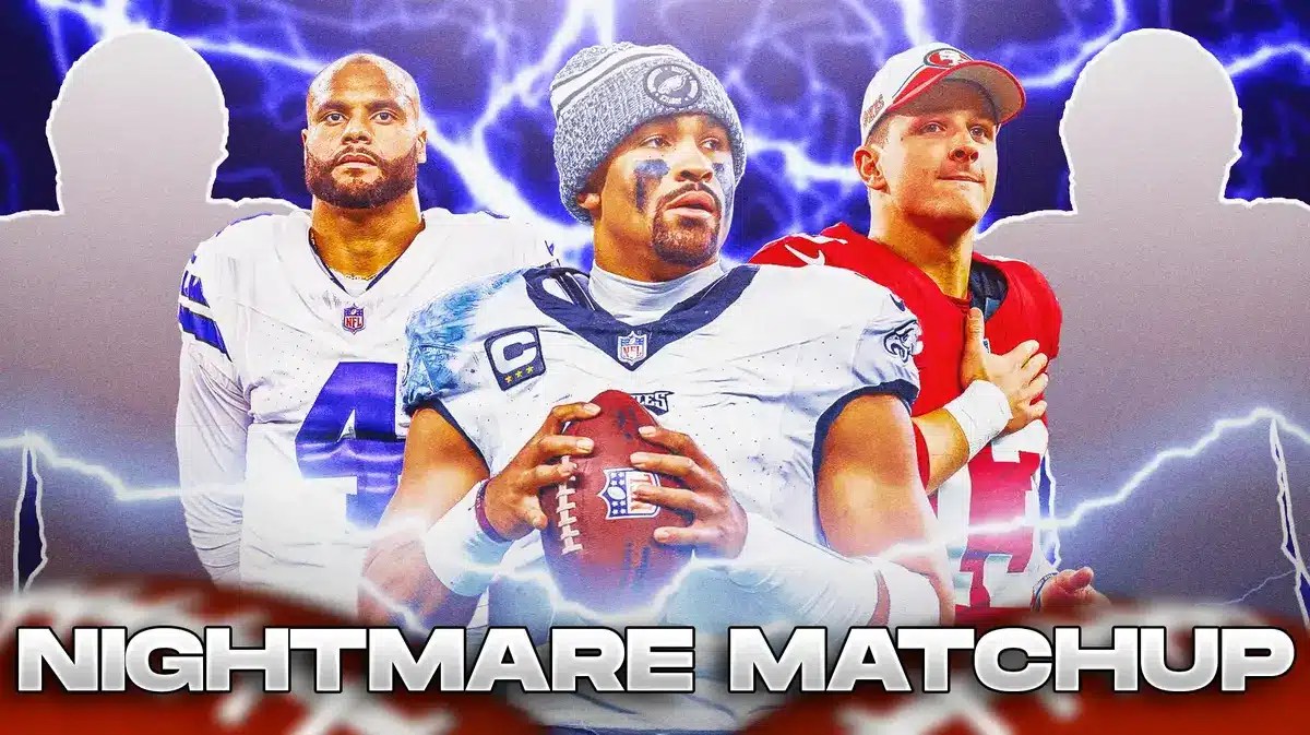 Jalen Hurts in the middle, Brock Purdy and Dak Prescott around him, Two other mystery players around him, and Lightning in the background.