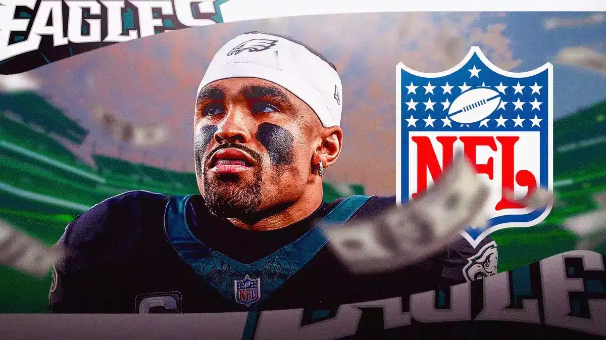 Jalen Hurts. NFL logo. Money flying all over
