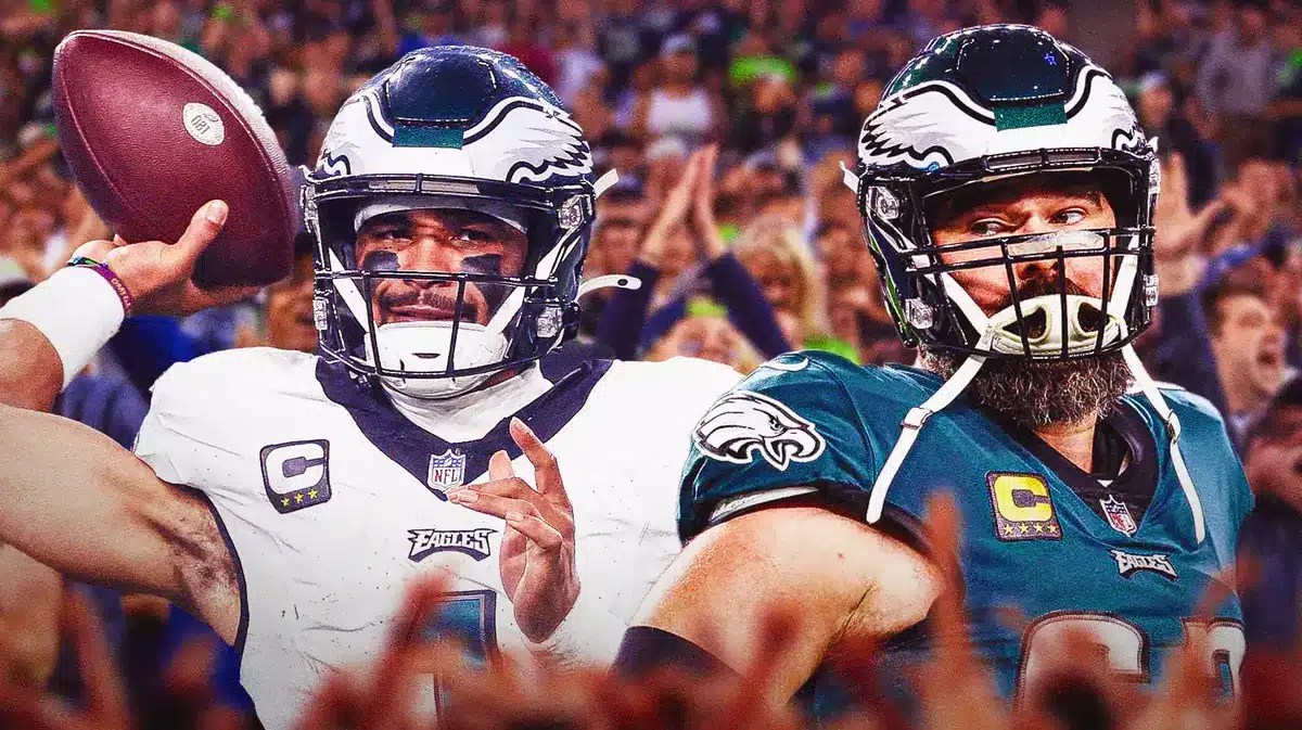 Photo: Jalen Hurts and Jason Kelece in Eagles uniform, with Seahawks fans in the background
