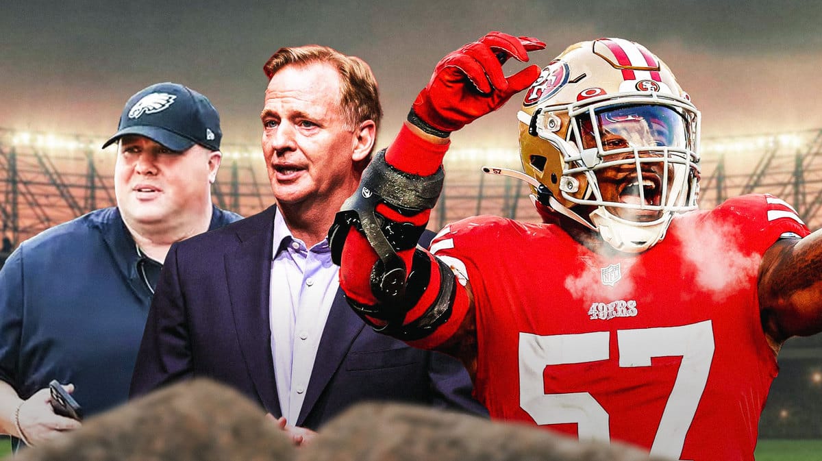 Eagles Dom DiSandro with 49ers Dre Greenlaw and Roger Goodell