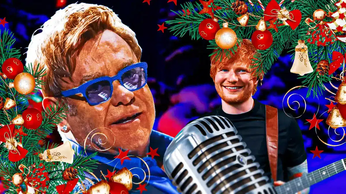 Elton John and Ed Sheeran with Christmas background.