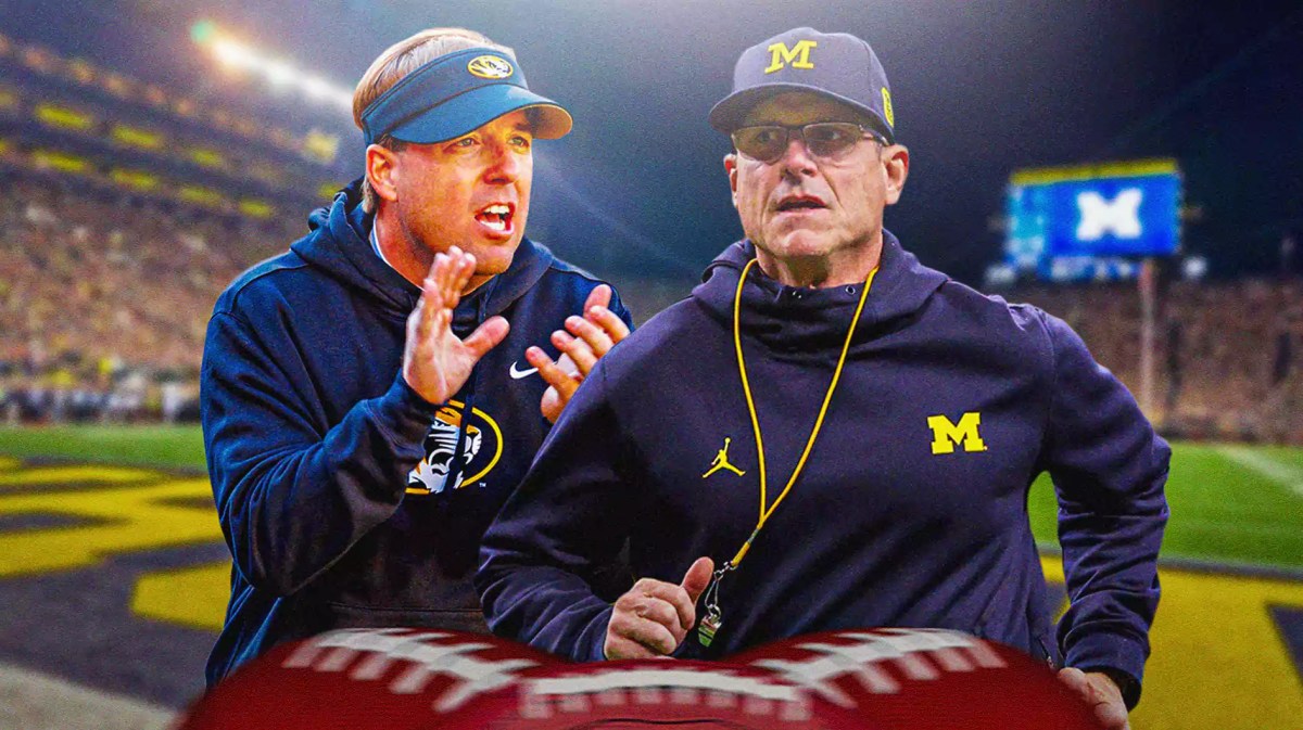 Michigan football, Wolverines, Missouri football, Eli Drinkwitz, Michigan football investigation, Eli Drinkwitz and Jim Harbaugh with Michigan football stadium in the background