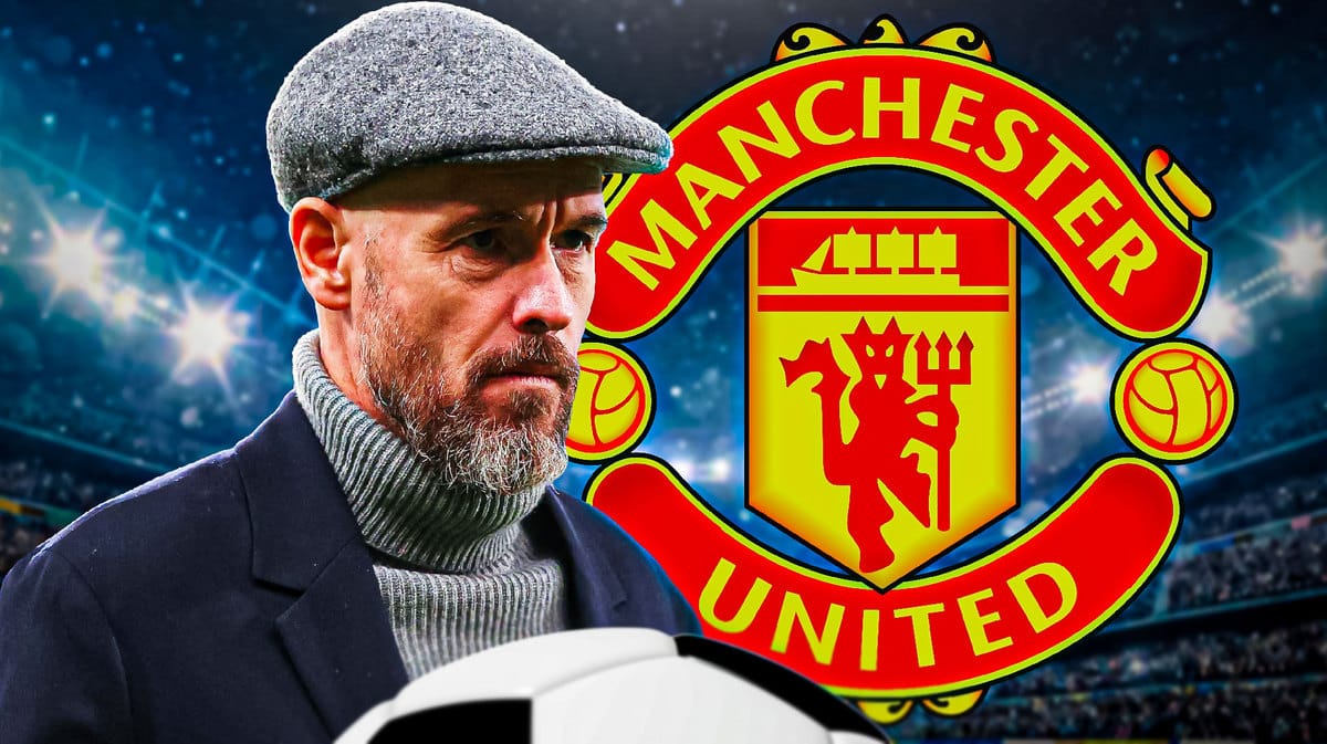 Erik ten Hag looking down/sad in front of the Manchester United logo