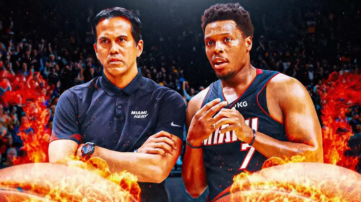 Miami Heat head coach Erik Spoelstra and star Kyle Lowry in front of the Kaseya Center.