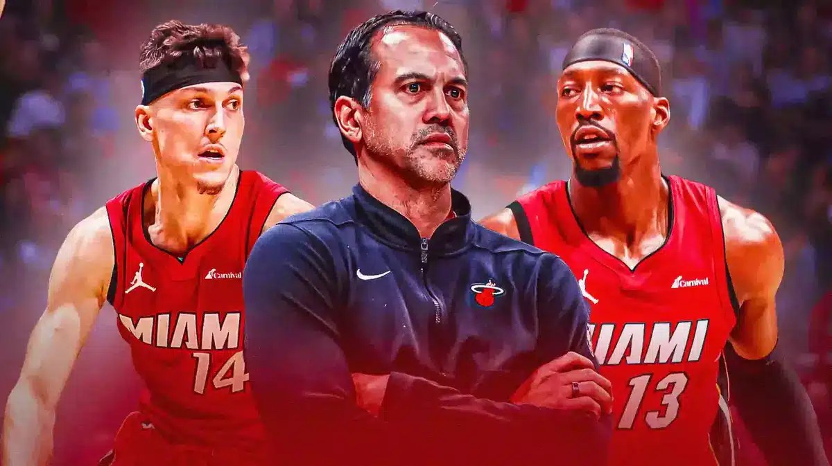 Miami Heat head coach Erik Spoelstra with stars Tyler Herro and Bam Adebayo in front of the Kaseya Center.