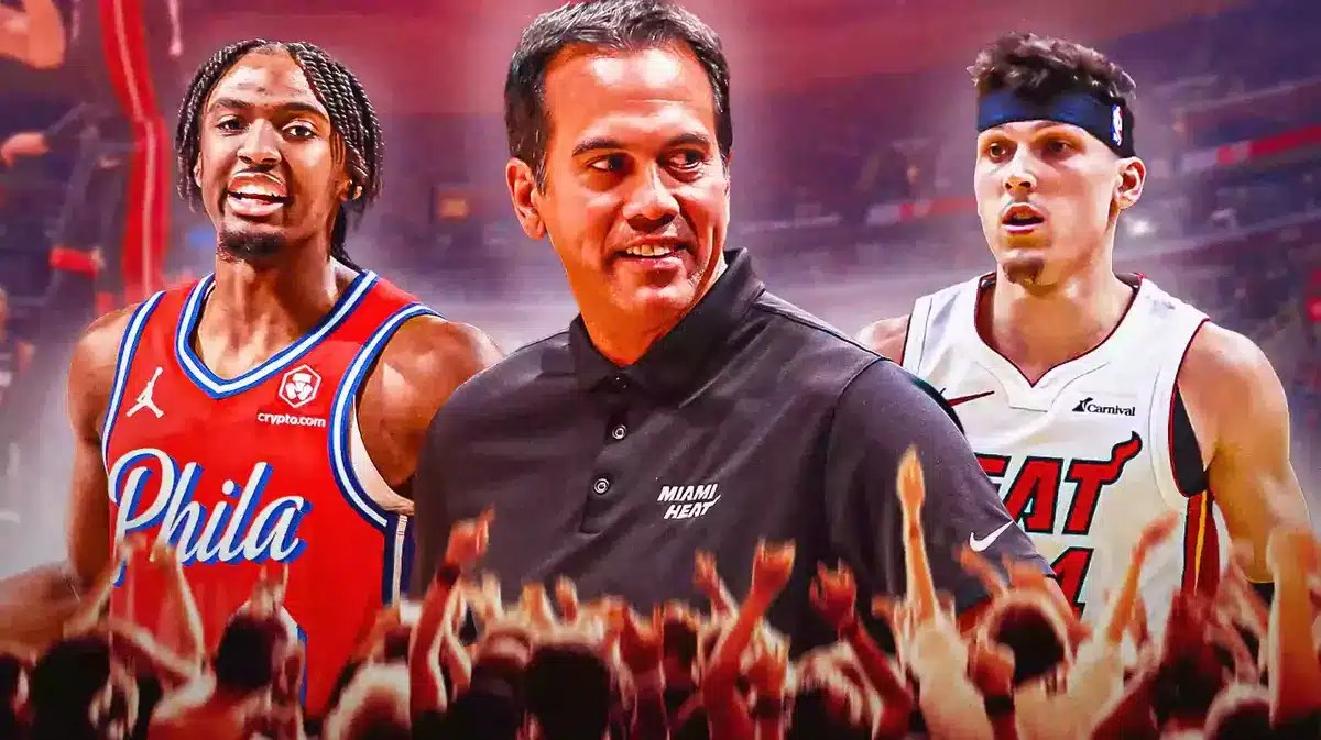 Miami Heat's Erik Spoelstra, Tyler Herro, and Philadelphia 76ers star Tyrese Maxey.