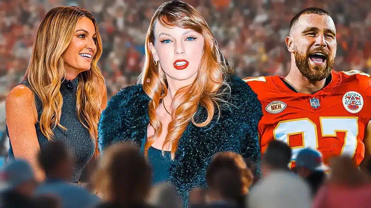 Erin Andrews, Taylor Swift, and Travis Kelce with a football field behind them