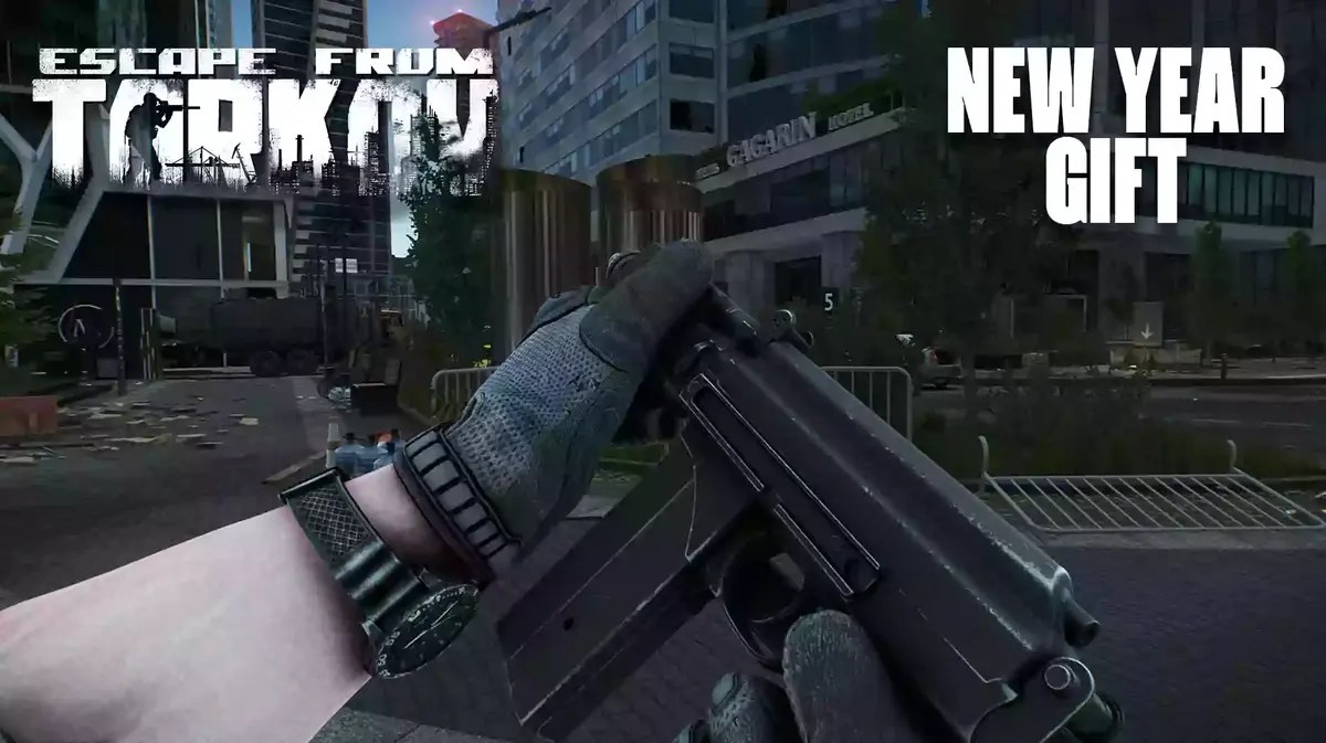 tarkov new year 2024, tarkov free guns, tarkov gift, tarkov new year, tarkov, an ingame screenshot of Escape From Tarkov featuring the VSK-94 with the game logo in one corner and the words new year gift on the other