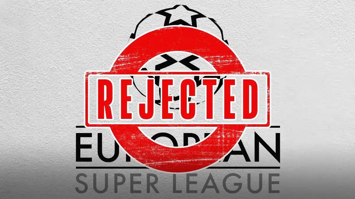The European Super League logo with a ‘Rejectected' stamp in front of it
