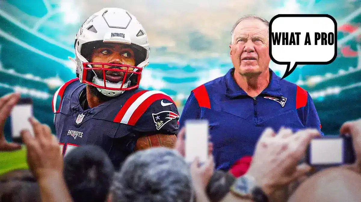 Ezekiel Elliott with Bill Belichick standing next to him with quote bubble "What a pro"