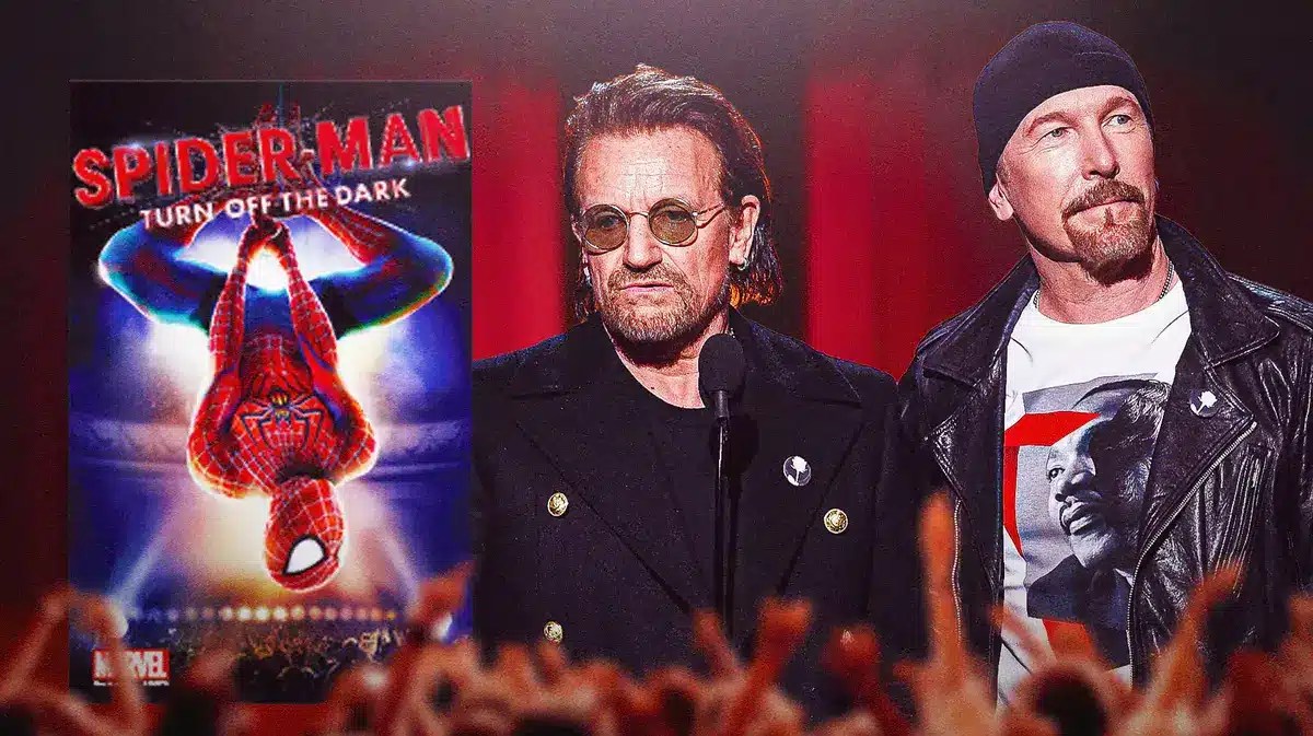 Spider-Man: Turn off the Dark poster next to U2 members Bono and The Edge.
