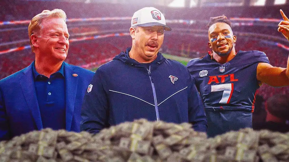 Falcons HC Arthur Smith handing NFL Commissioner Roger Goodell a lot of money and have Bijan Robinson (Falcons RB) next to Smith