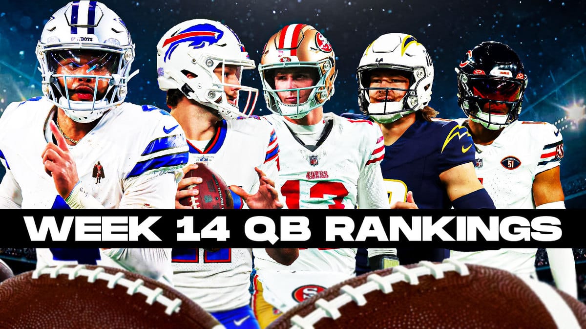 Fantasy football Quarterbacks Dak Prescott, Josh Allen, Brock Purdy, Justin Fields, Justin Herbert are all beside each other with hyperspace in the background.