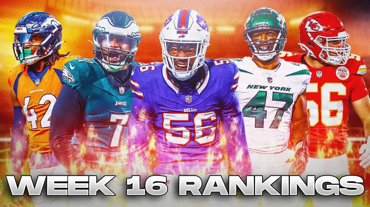 Fantasy football Defenses Leonard Floyd, Haason Reddick, Bryce Huff, George Karlaftis, Nik Bonitto are all beside each other with flames in the background.