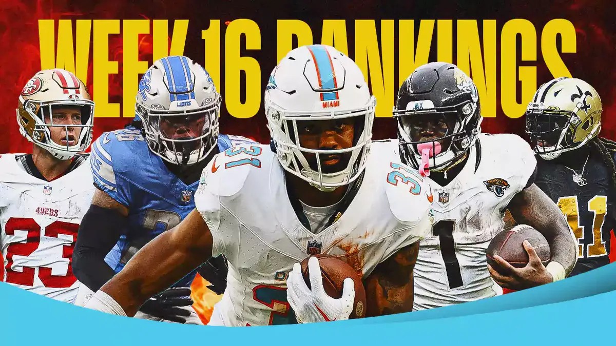 Fantasy football Running Backs Christian McCaffrey, Jahmyr Gibbs, Raheem Mostert, Travis Etienne, Alvin Kamara are all beside each other with flames in the background.