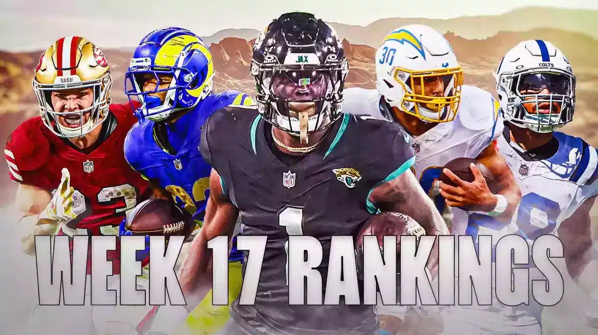 Fantasy football Running Backs Christian McCaffrey, Kyren Williams, Travis Etienne, Austin Ekeler, Jonathan Taylor are all beside each other with a mountainpeak in the background.