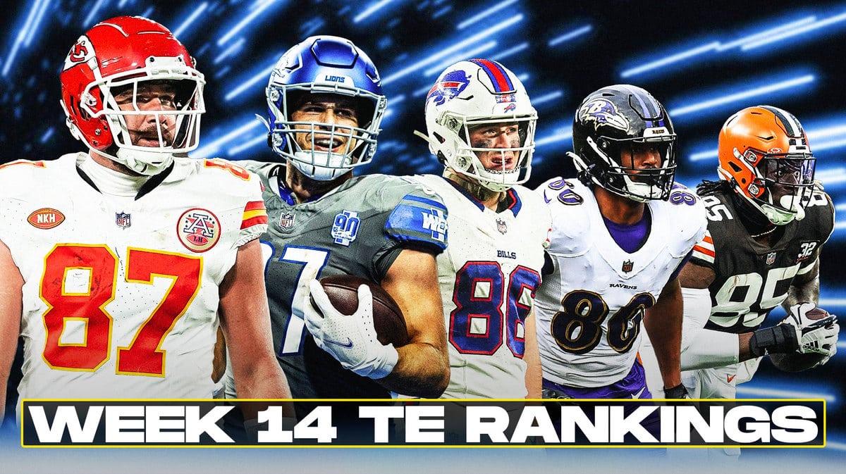 Fantasy football Tight Ends Travis Kelce, Sam LaPorta, Dalton Kincaid, Isaiah Likely, David Njoku are all beside each other with hyperspace in the background.