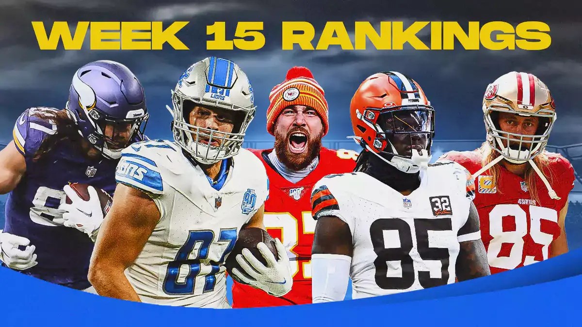 Fantasy football Tight Ends TJ Hockenson, Sam LaPorta, Travis Kelce, David Njoku, George Kittle are all beside each other with a cyclone in the background.