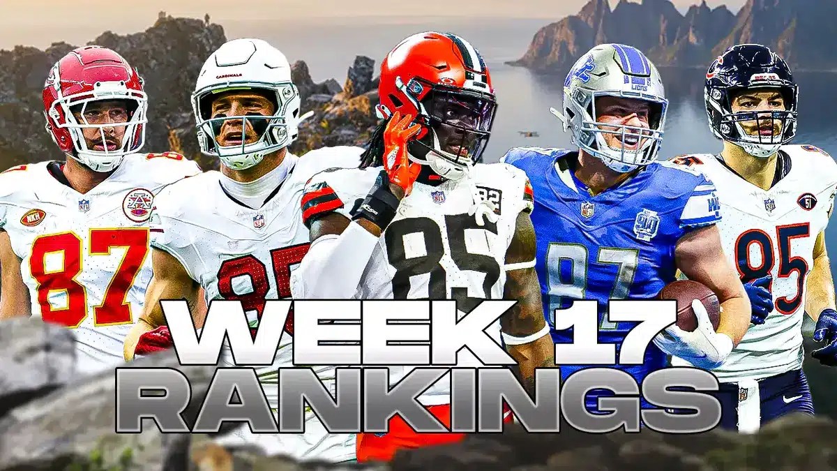 Fantasy football Tight Ends Travis Kelce, David Njoku, Trey McBride, Sam LaPorta, Cole Kmet are all beside each other with a mountainpeak in the background.