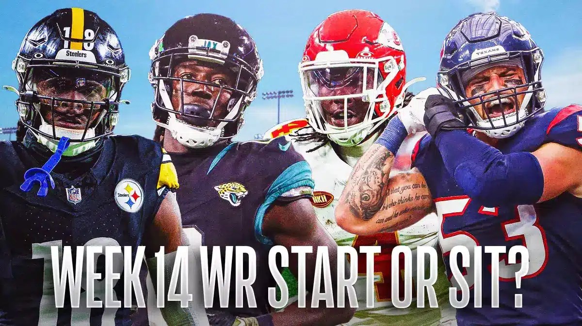 Here we have fantasy football Wide Receivers Rashee Rice, Courtland Sutton, Calvin Ridley, and Diontae Johnson with the NFL wallpaper background.