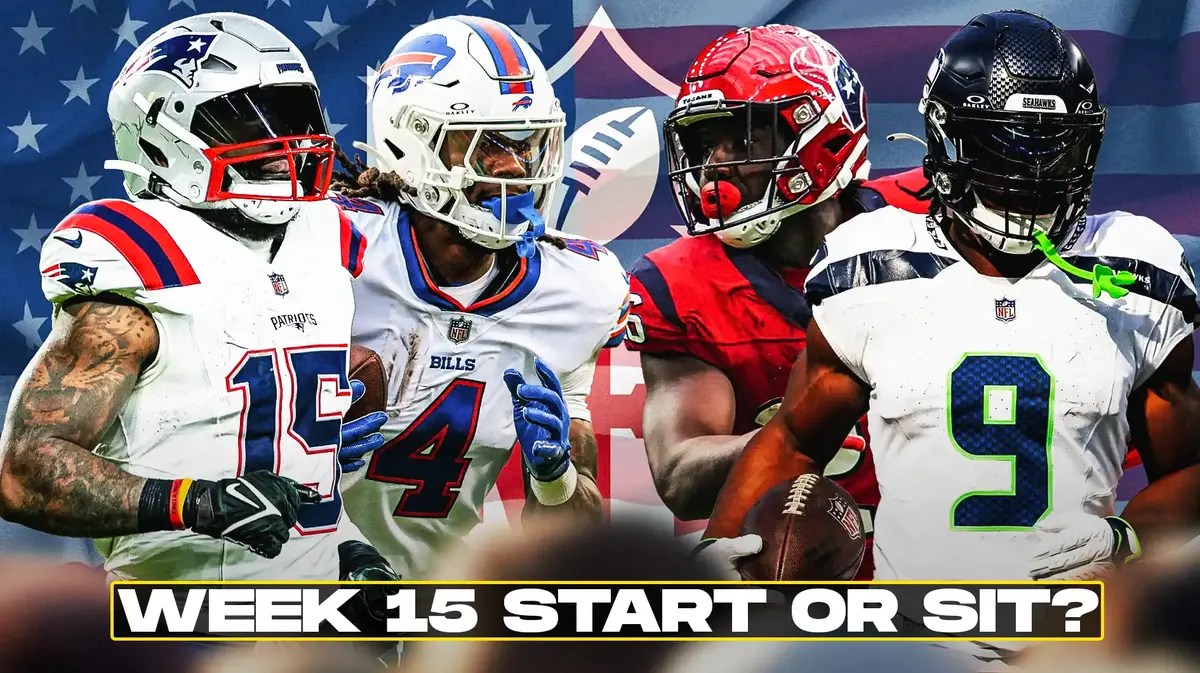 Here we have fantasy football Running Backs Ezekiel Elliott, James Cook, Kenneth Walker III, and Devin Singletary with the NFL wallpaper background.