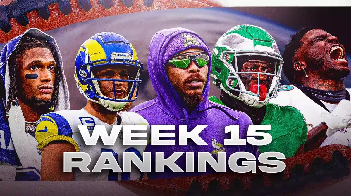 Fantasy football Wide Receivers Tyreek Hill, Cooper Kupp, Ceedee Lamb, Justin Jefferson, AJ Brown are all beside each other with a cyclone in the background.